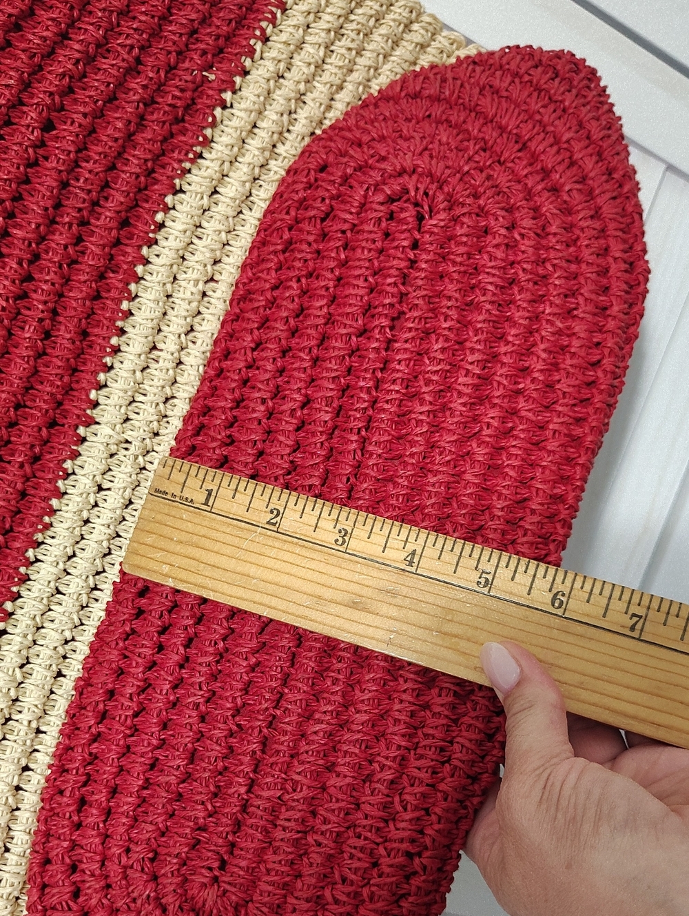 Sun and Sail Striped Red and Cream Woven Tote with Brown Leather Handles - Picture 7 of 9